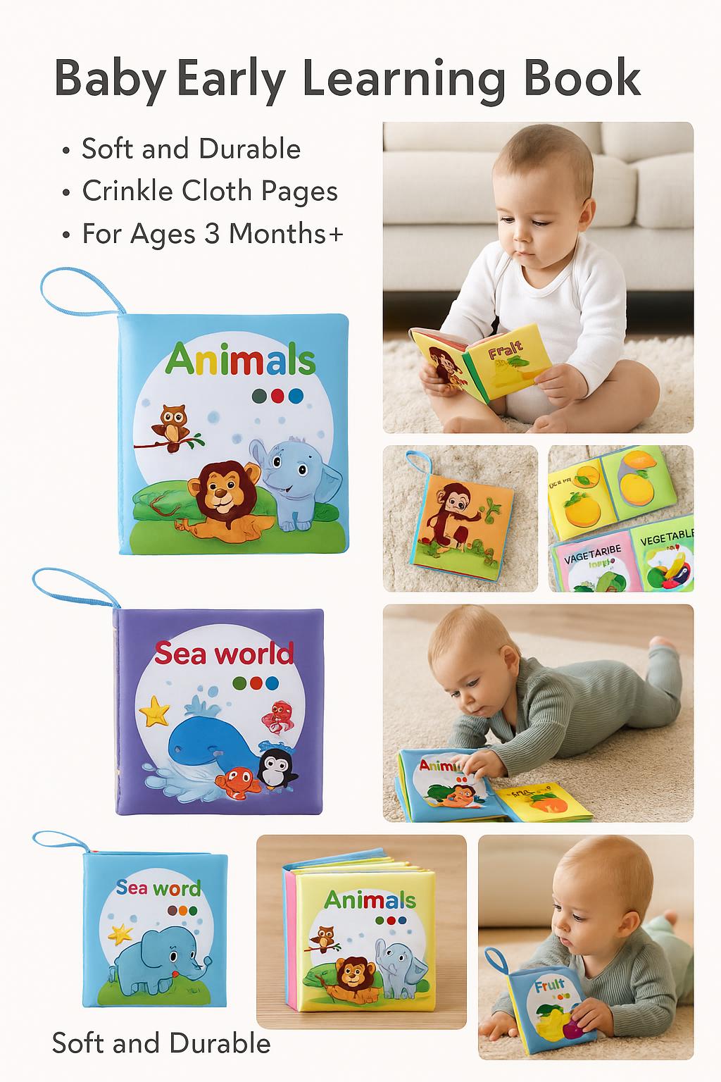 Livre sensoriel doux pour bébé – Jouet d'apprentissage en tissu pour nourrissons | Livre d'éveil | Livre en tissu silencieux pour bébés