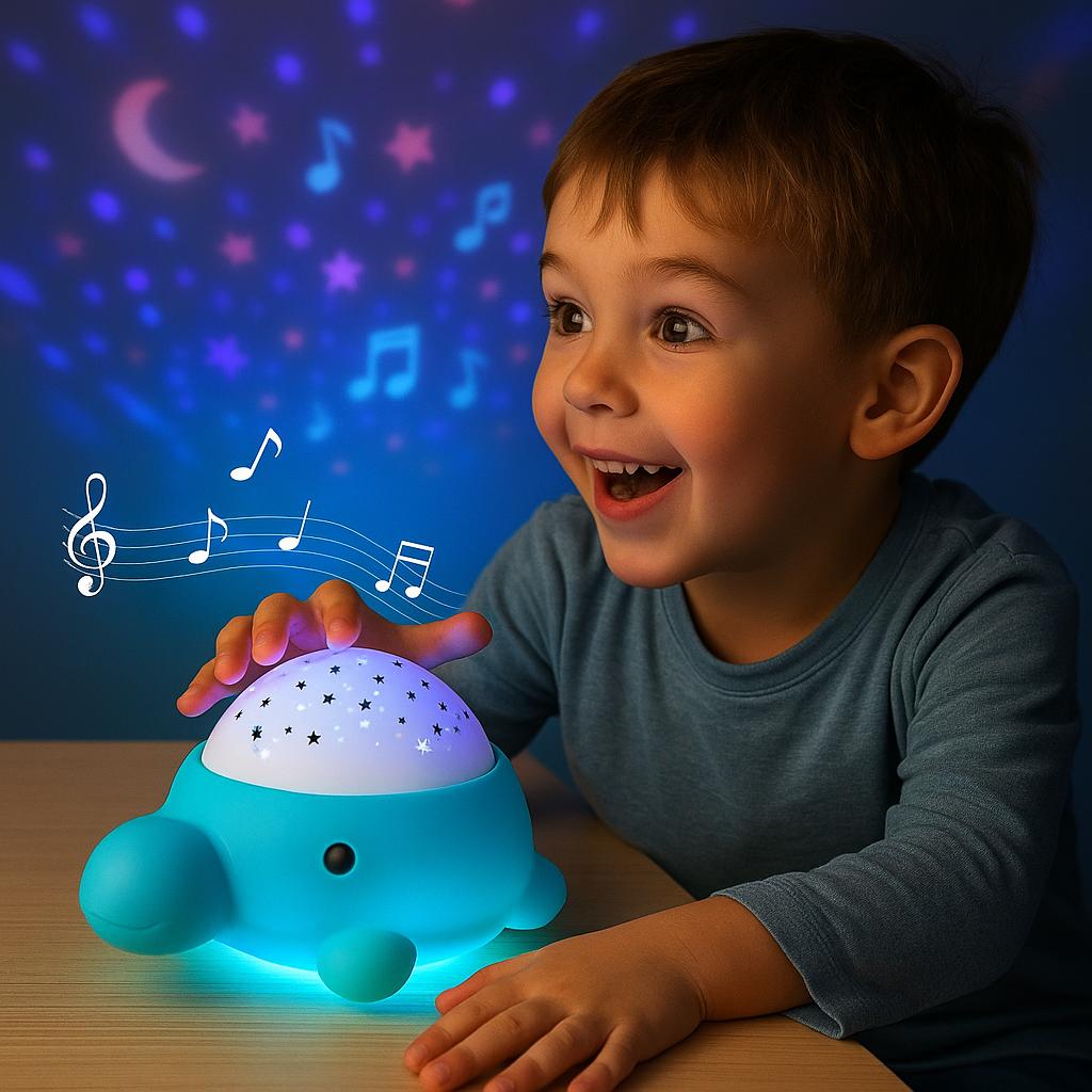Veilleuse musicale Tortue pour bébé – Projecteur d'étoiles et de lune | Lampe LED rechargeable apaisante