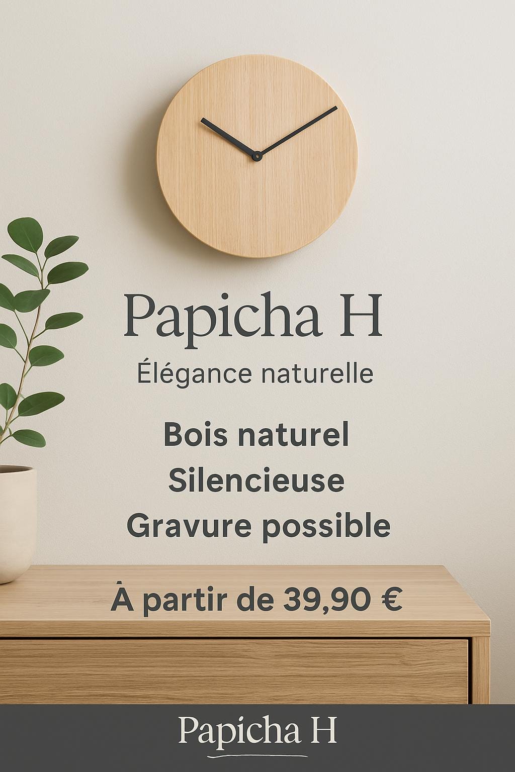 Horloge murale minimaliste en bois, hêtre chaleureux et anthracite – Quartz silencieux, style scandinave Japandi