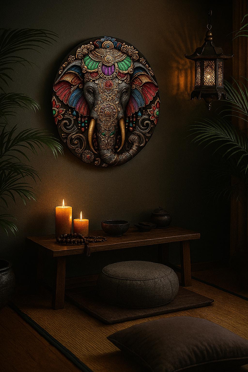Yoga poster, colorful Ganesha wall art, spiritual elephant decor, ethnic zen vibe, meditative home accent, boho sacred art print