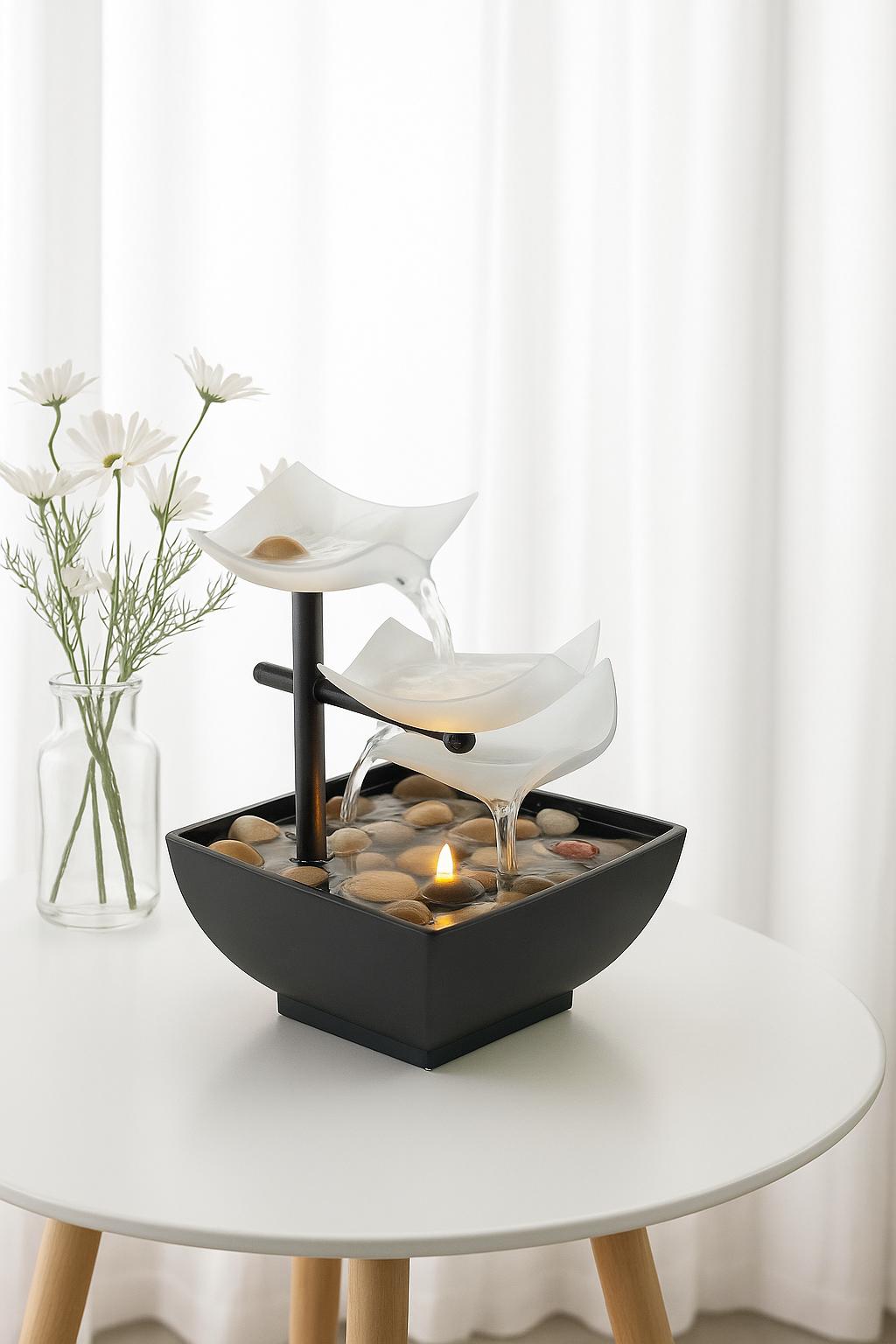Fontaine zen d'intérieur à LED, pierre de rivière et bambou – Cascade de tranquillité à 3 niveaux avec douce lumière ambrée