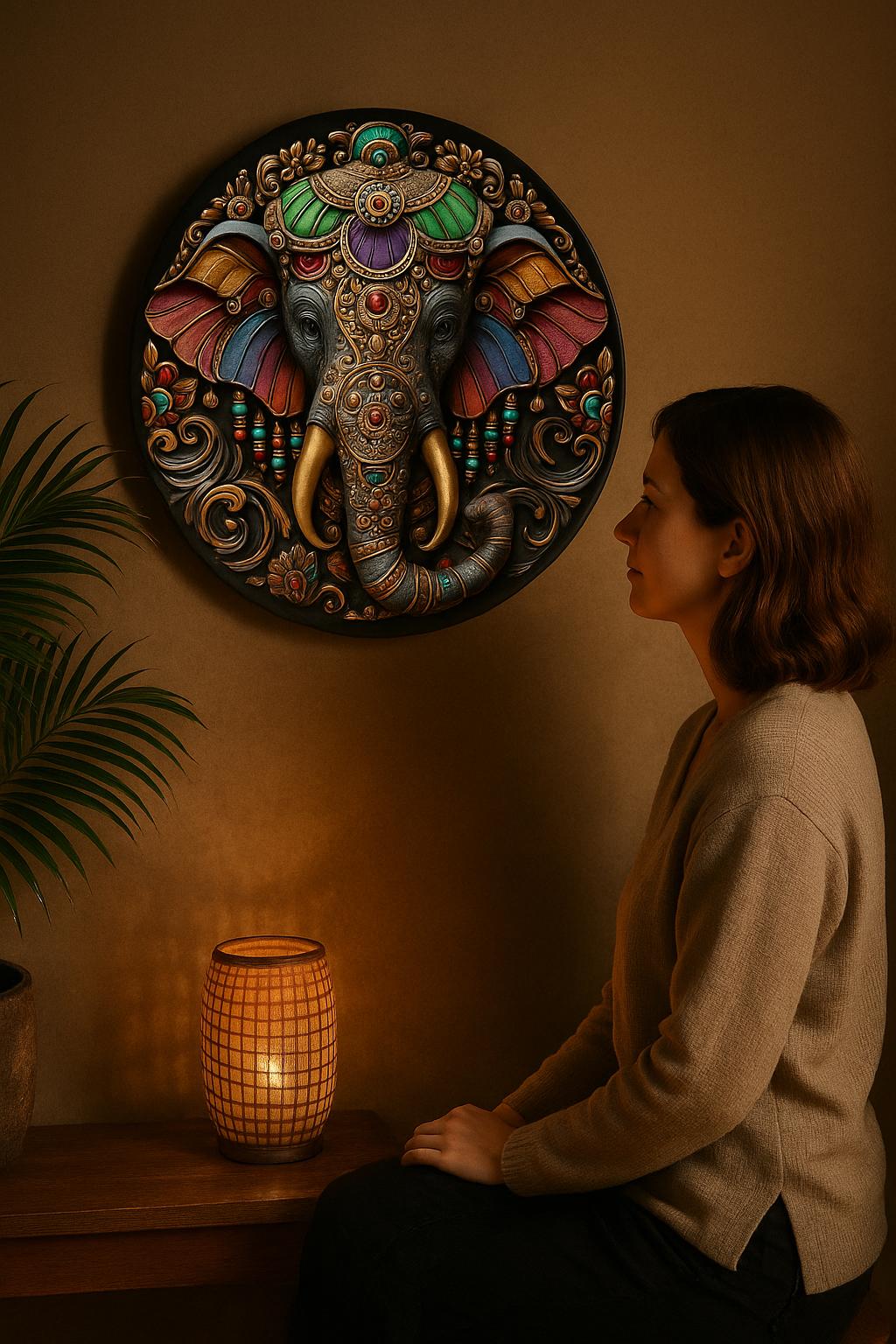 Yoga poster, colorful Ganesha wall art, spiritual elephant decor, ethnic zen vibe, meditative home accent, boho sacred art print