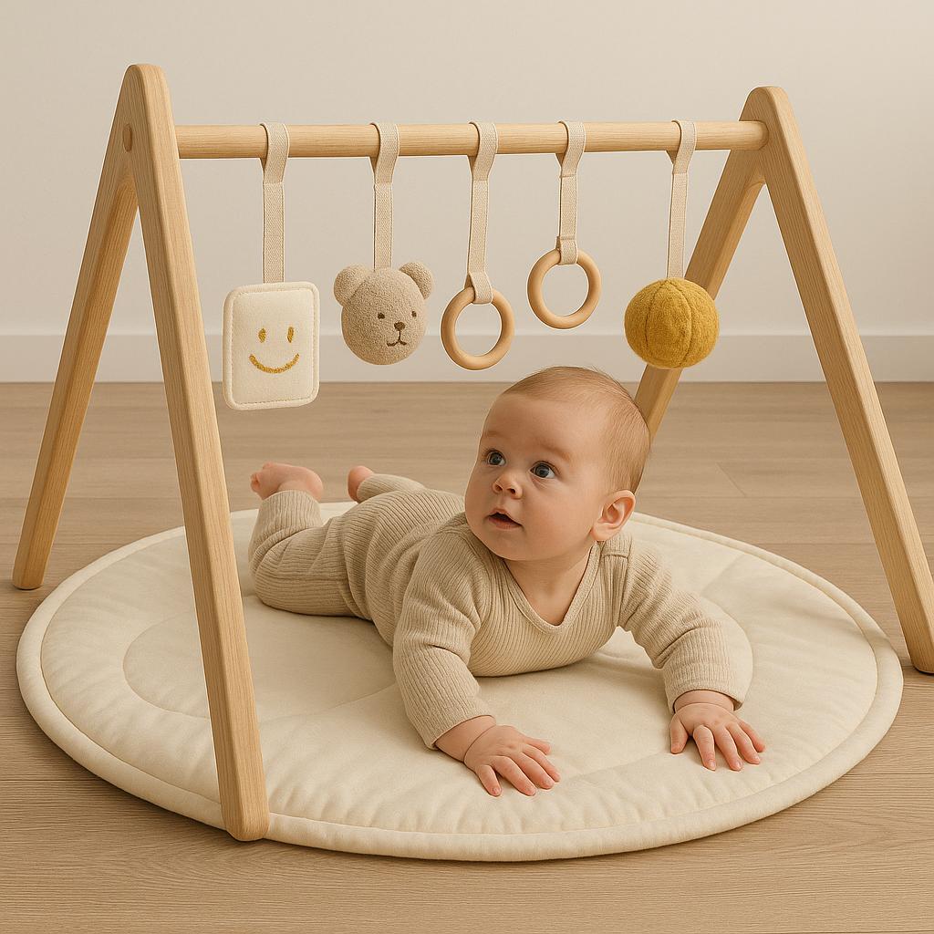 TAPIS ÉVEIL BÉBÉ | Gym Bois Coton Sensoriel | Tapis de jeu pour bébé