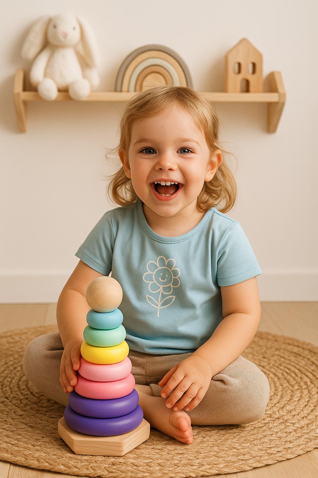 Jouet empilable en bois pastel pour bébé | Cadeau pour bébé | Jouet d'éveil | Anneaux empilables en bois naturel pour tout-petits et reconnaissance des couleurs