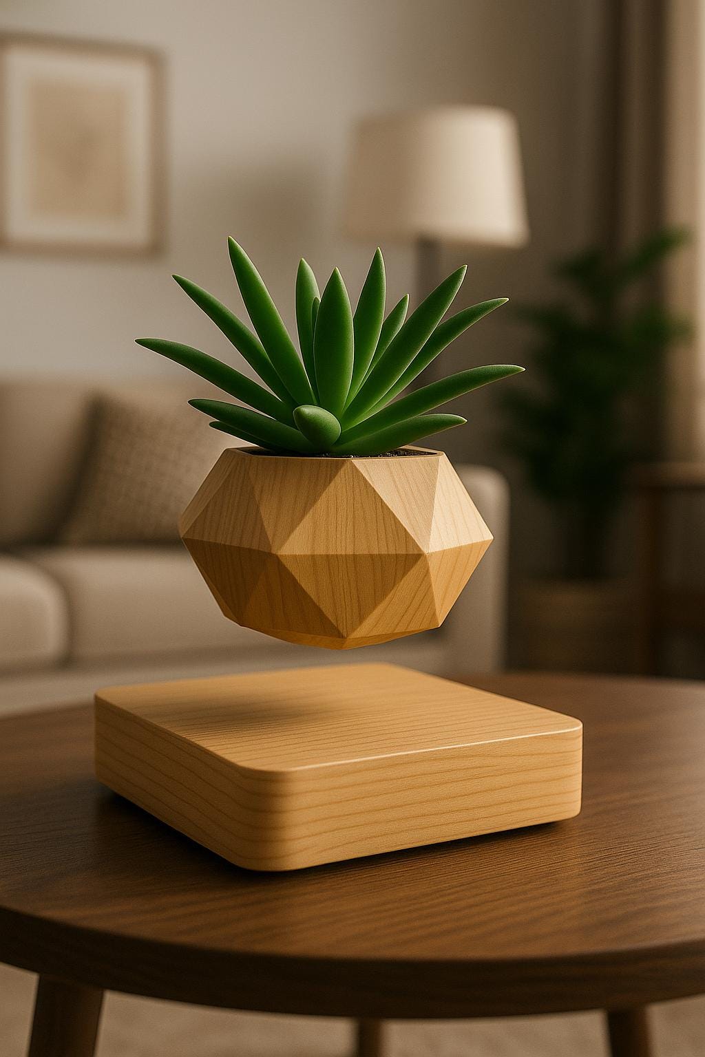 Jardinière en bois vert sauge et chêne naturel – Pot de fleurs flottant magnétique en lévitation, décoration de bureau géométrique zen