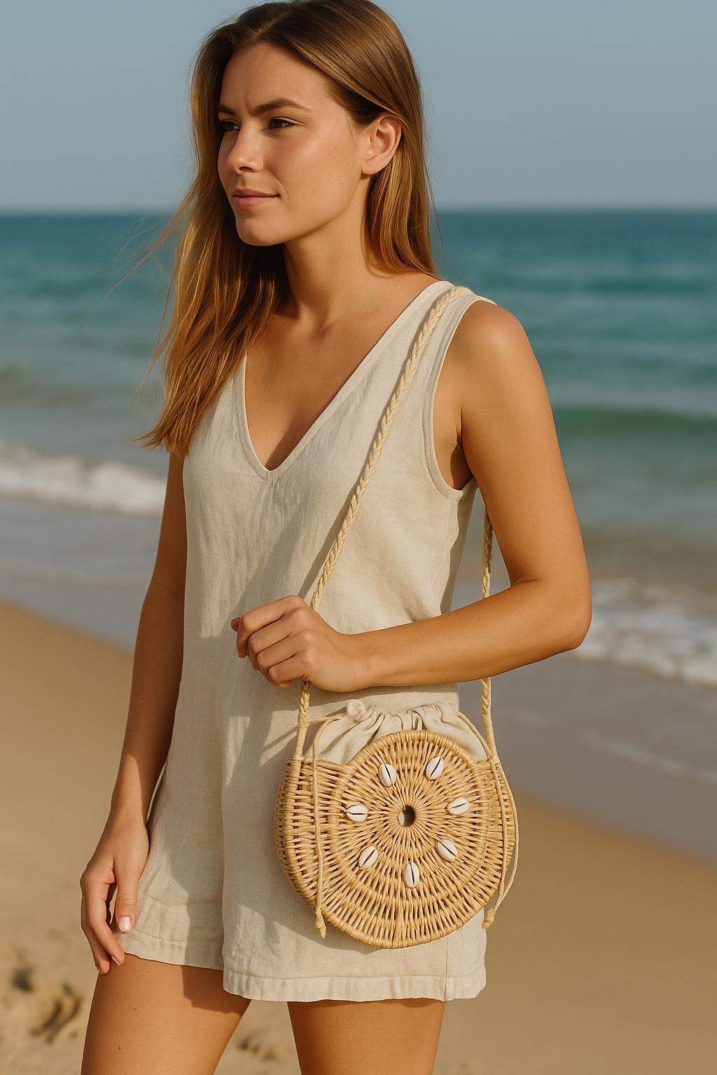 Sac Rotin Naturel Boho Coquillages Femme - Beige | Sac Boho en rotin naturel pour femmes, coquillages cauris - Beige