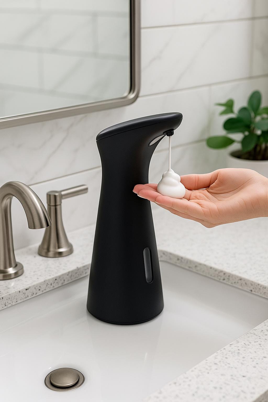 Distributeur de savon mousse blanc perle et chrome – Pompe à capteur sans contact 200 ml pour liquide et mousse, désinfectant automatique pour les mains