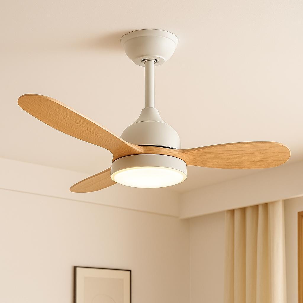 Ventilateur de plafond LED en chêne naturel et blanc mat – Style scandinave discret avec lumière chaude pour un intérieur moderne
