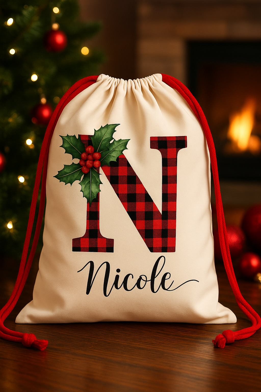 SAC NOËL PERSONNALISÉ | Plaid Rouge & Prénom Brodé | Sac cadeau de Noël