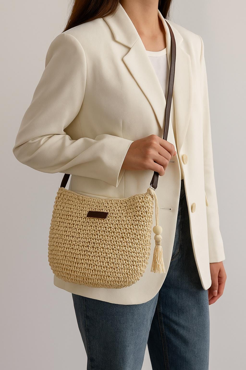 Sac de plage marron caramel et sable – Sac bandoulière en raphia tressé pour femme été