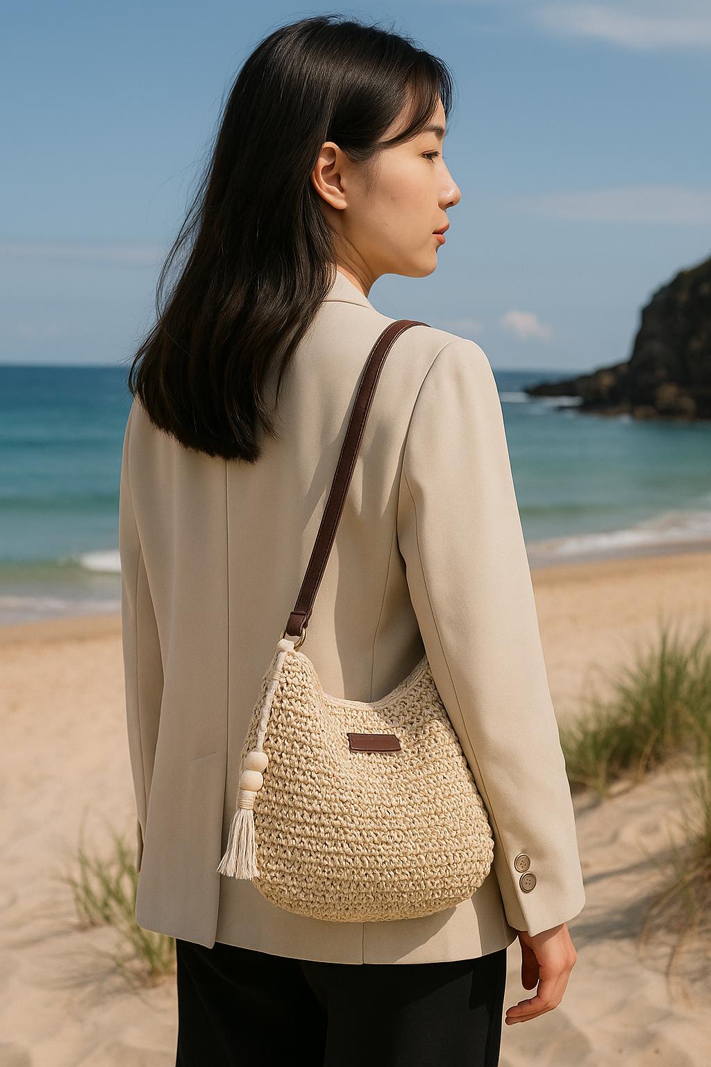 Sac de plage marron caramel et sable – Sac bandoulière en raphia tressé pour femme été
