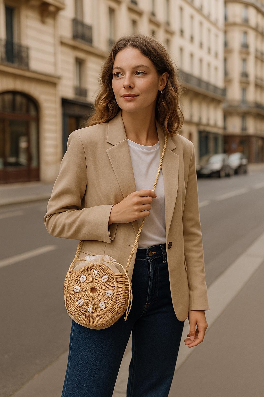 Sac Rotin Naturel Boho Coquillages Femme - Beige | Sac Boho en rotin naturel pour femmes, coquillages cauris - Beige