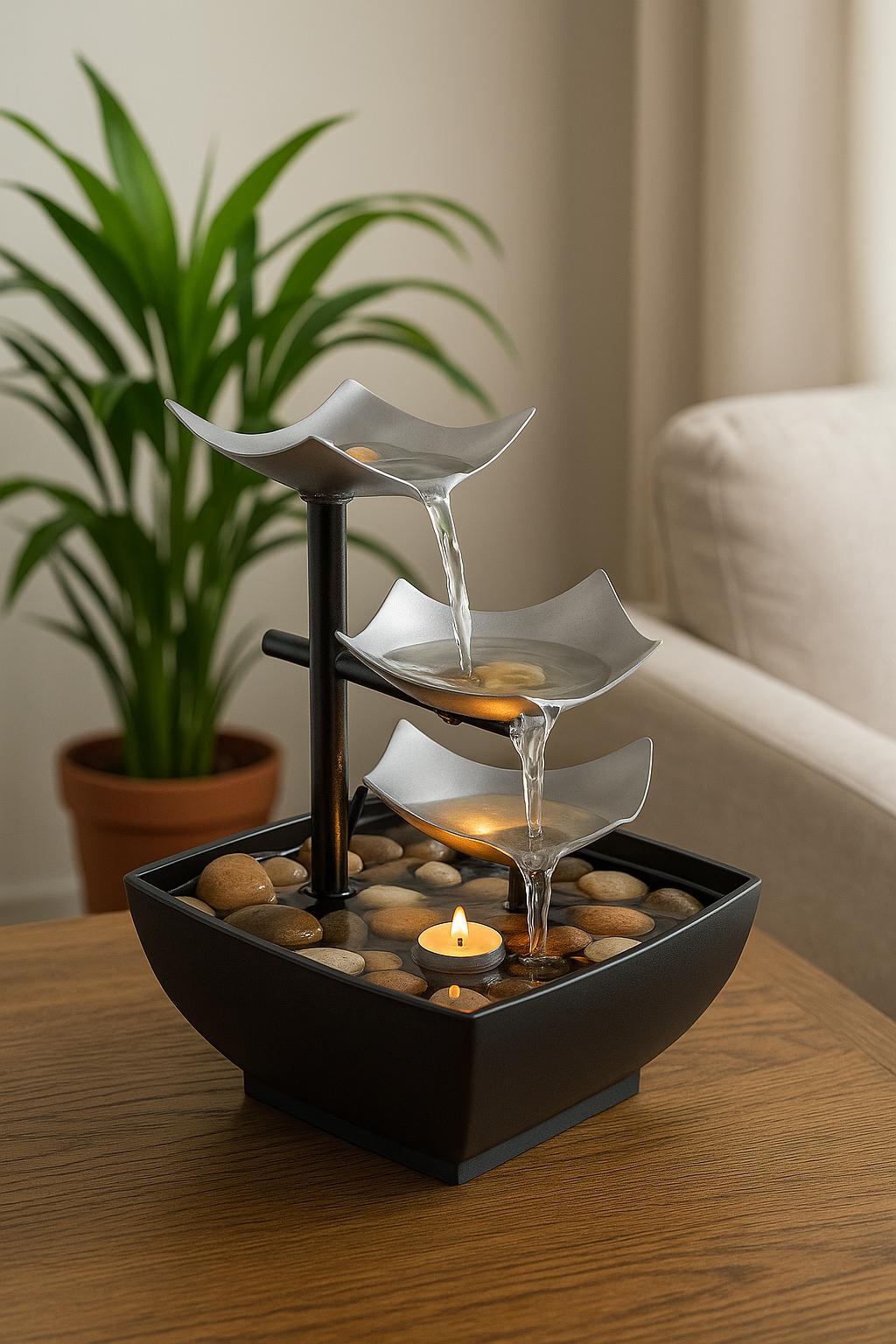 Fontaine zen d'intérieur à LED, pierre de rivière et bambou – Cascade de tranquillité à 3 niveaux avec douce lumière ambrée
