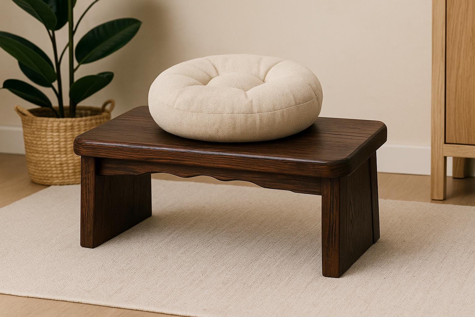 Banc de méditation pliable en bois – Siège zen ergonomique en chêne miel et noyer expresso