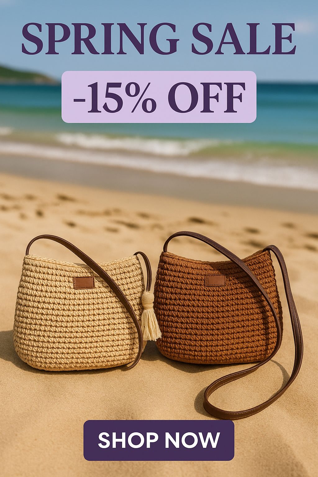 Sac de plage marron caramel et sable – Sac bandoulière en raphia tressé pour femme été