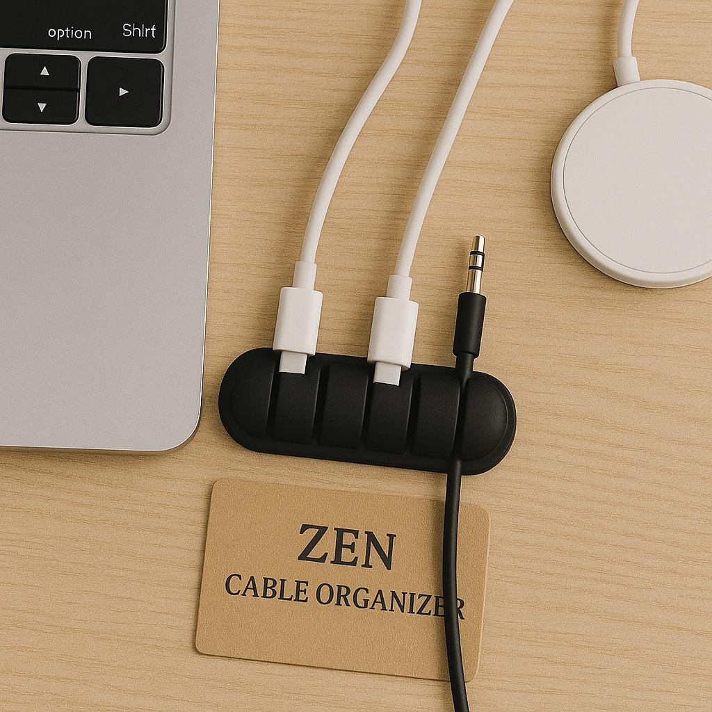 Organiseur de câbles Zen gris pierre et sauge – Support de câbles minimaliste en silicone | Range-câbles à 5 emplacements pour le bureau et la maison
