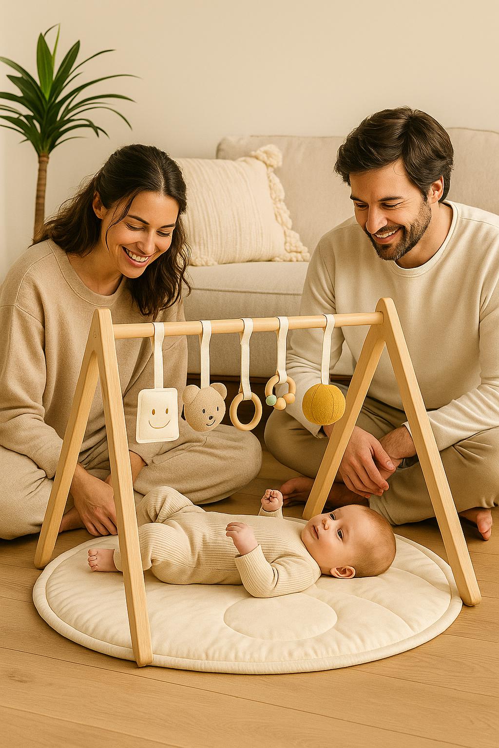 TAPIS ÉVEIL BÉBÉ | Gym Bois Coton Sensoriel | Tapis de jeu pour bébé