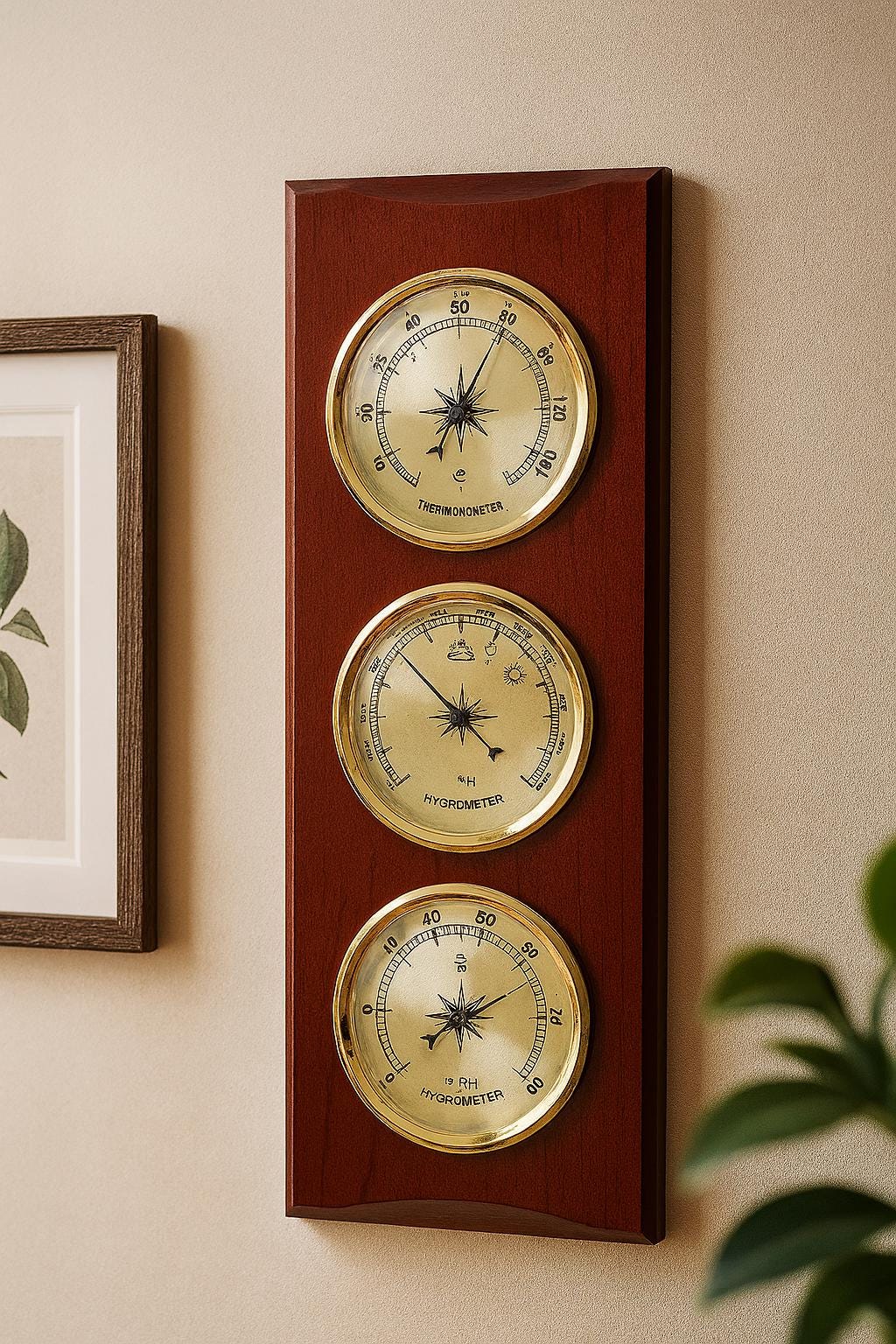 Station météo en bois de noyer et de chêne – Baromètre, thermomètre et hygromètre | Décoration rustique
