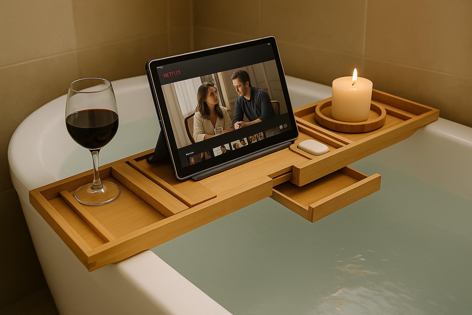 Plateau de baignoire bambou Honey & Sage – Home Spa extensible avec porte-livre, verre à vin, bougie