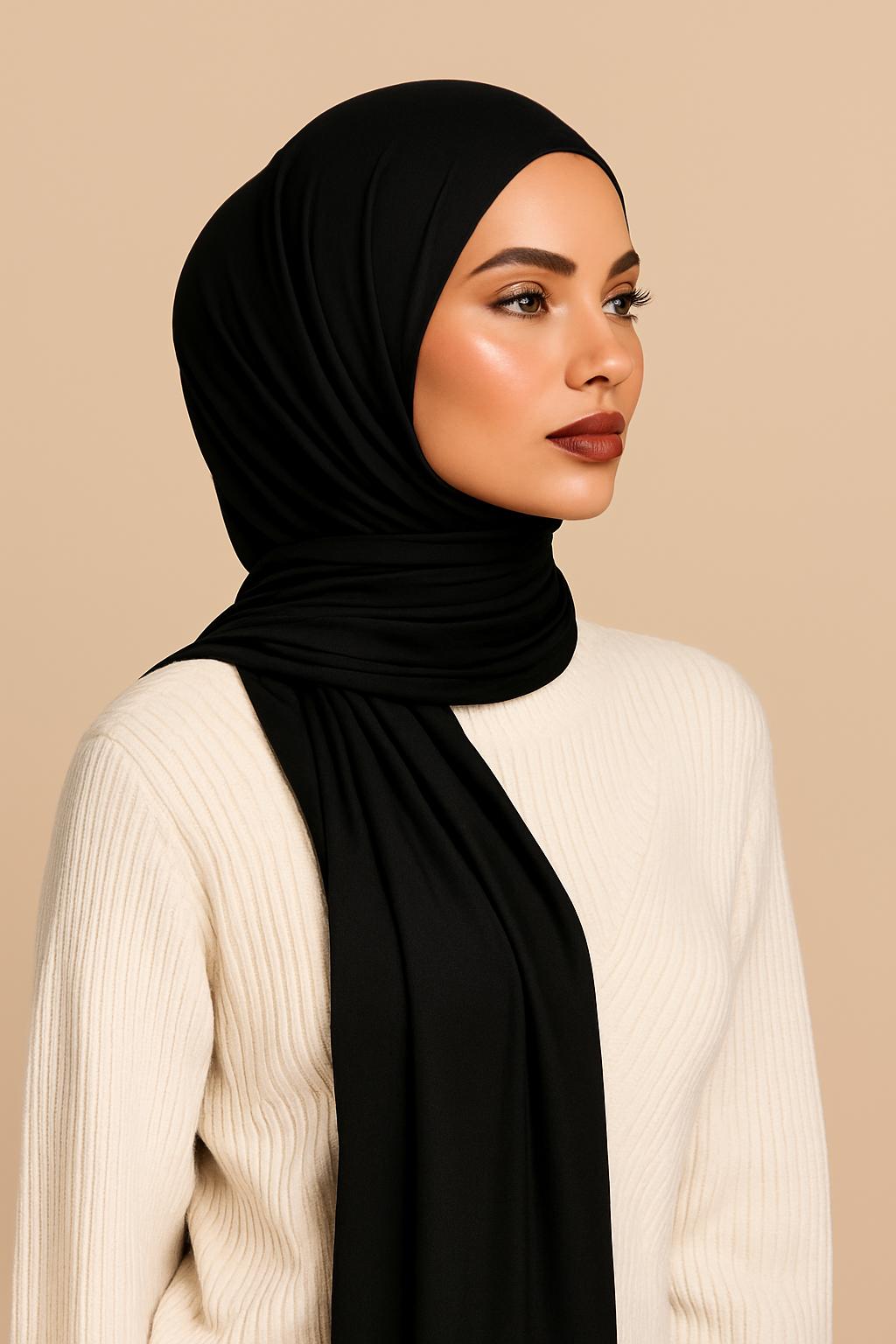 Hijab en jersey extensible noir Premium - Foulard respirant pour femme | Hijab en jersey extensible noir Premium - Foulard respirant pour femme
