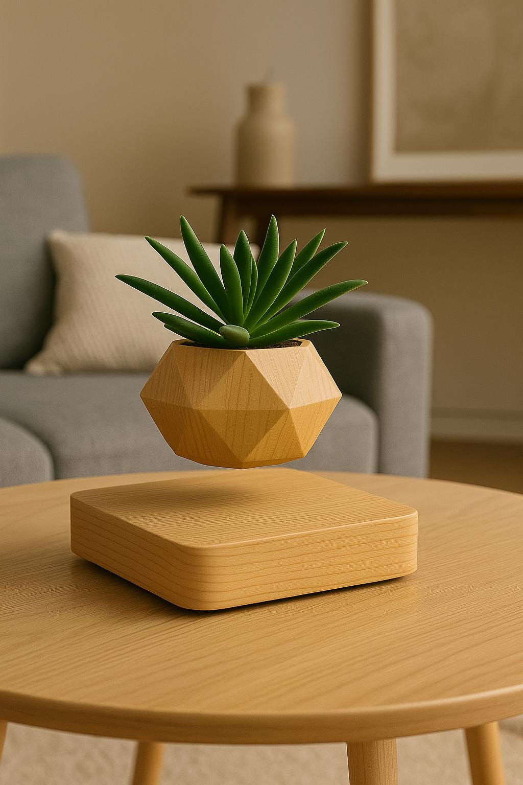 Jardinière en bois vert sauge et chêne naturel – Pot de fleurs flottant magnétique en lévitation, décoration de bureau géométrique zen