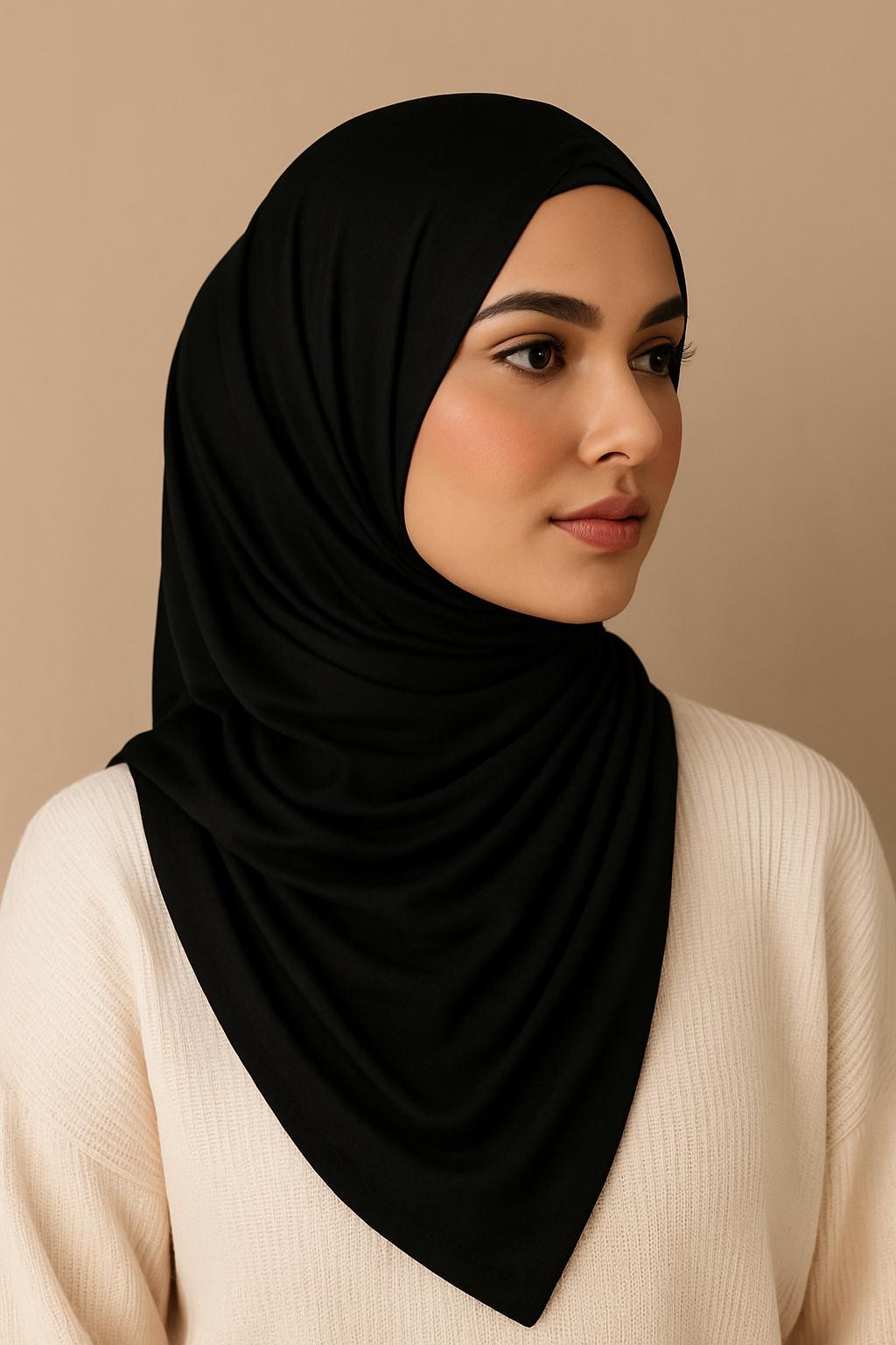 Hijab en jersey extensible noir Premium - Foulard respirant pour femme | Hijab en jersey extensible noir Premium - Foulard respirant pour femme