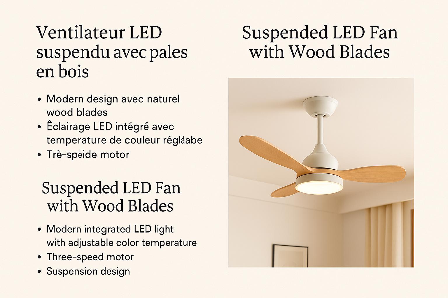 Ventilateur de plafond LED en chêne naturel et blanc mat – Style scandinave discret avec lumière chaude pour un intérieur moderne