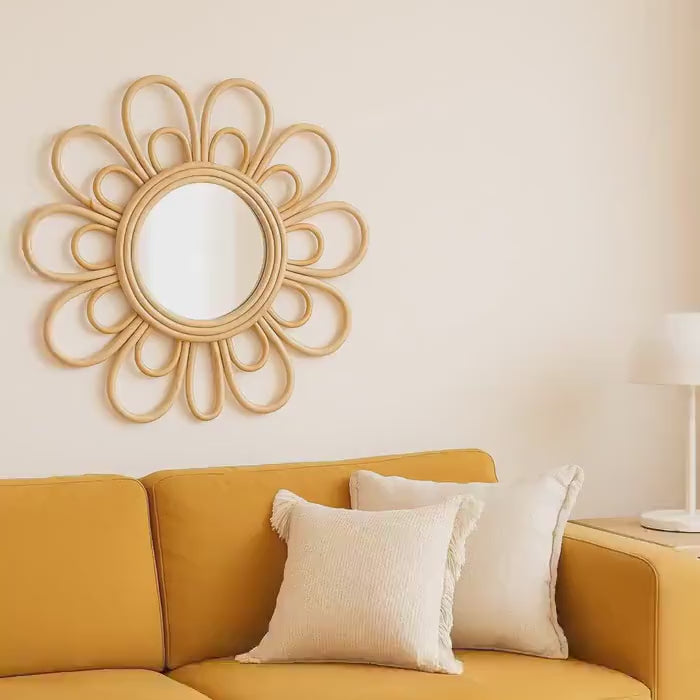 Boho Rattan Wall Mirror – Round Natural Wicker Mirror for Bedroom or Living Room