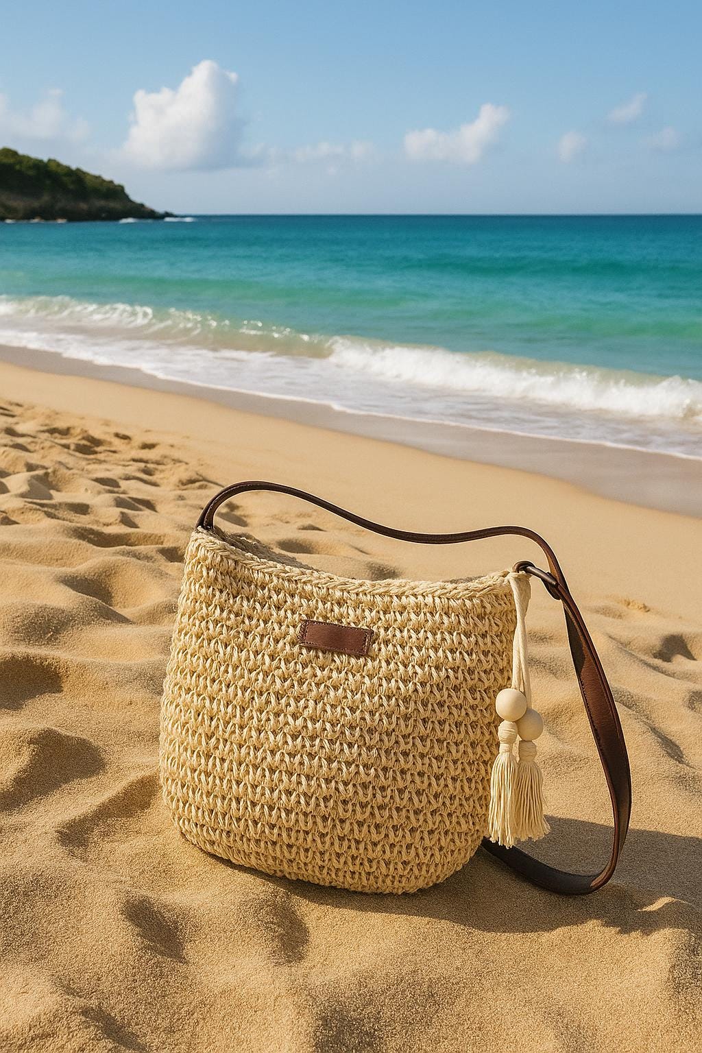 Sac de plage marron caramel et sable – Sac bandoulière en raphia tressé pour femme été 