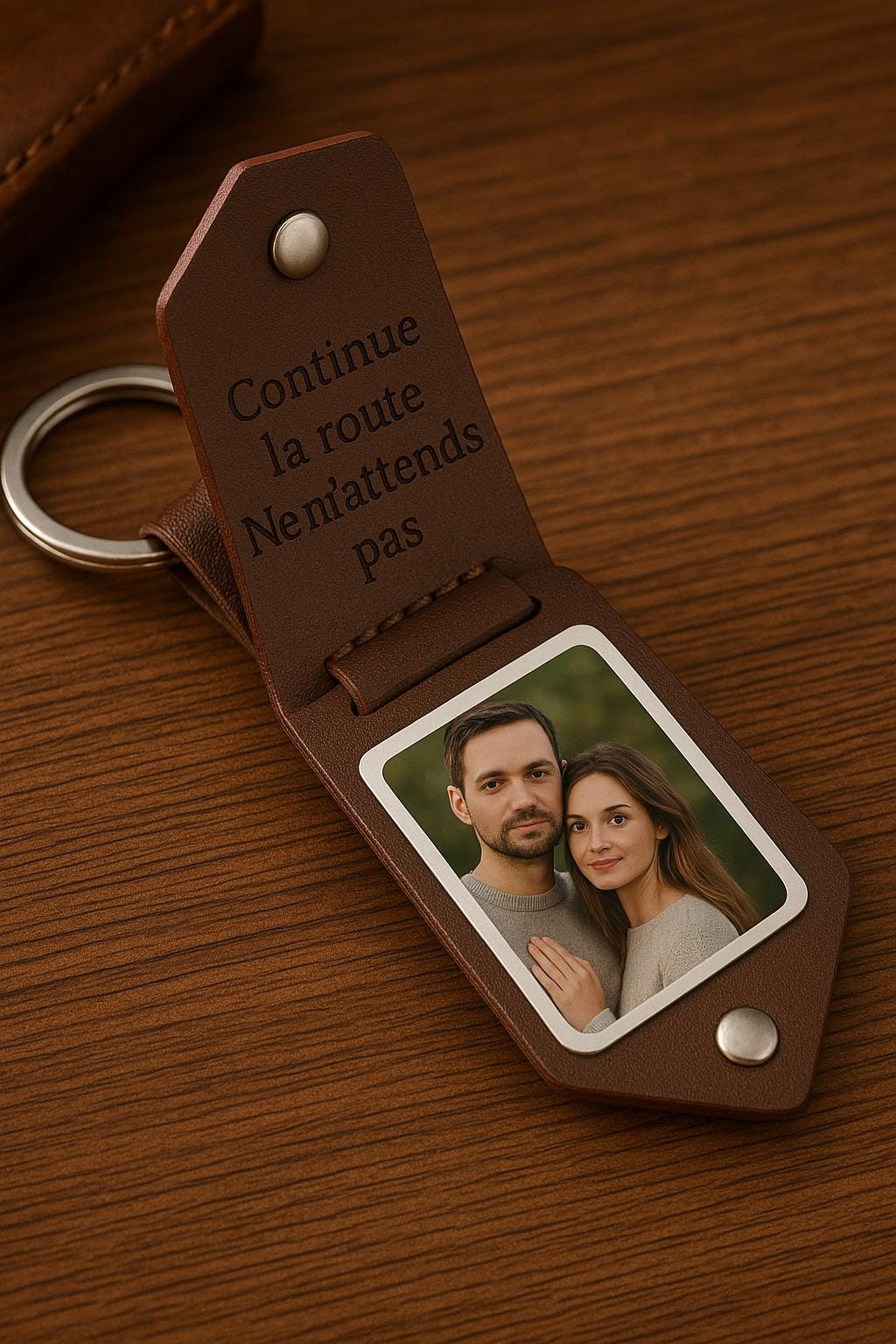 Porte-clés Photo Cuir Marron - Gravure Personnalisée | Brown Leather Photo Keychain - Custom Engraving