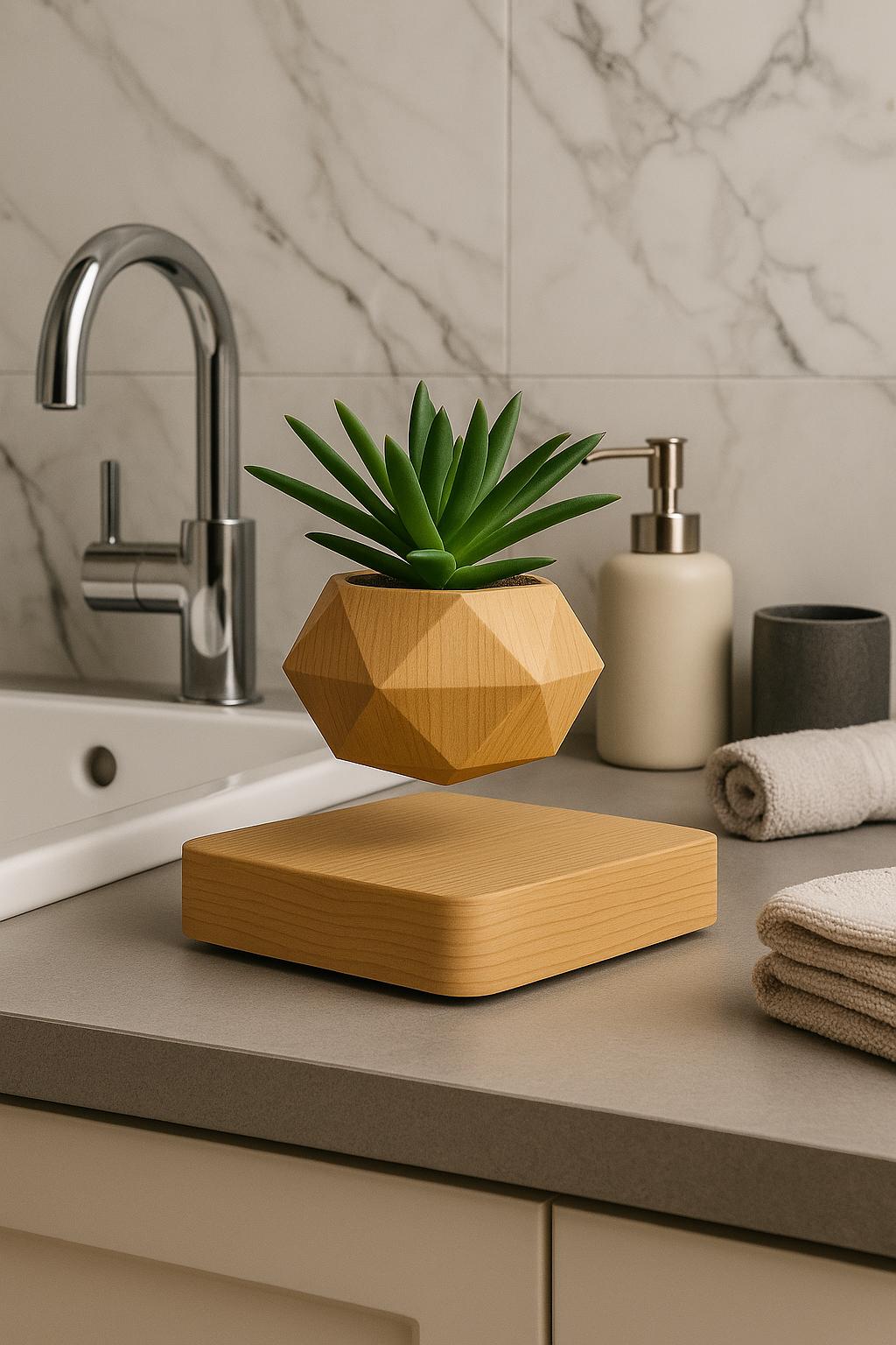 Jardinière en bois vert sauge et chêne naturel – Pot de fleurs flottant magnétique en lévitation, décoration de bureau géométrique zen 