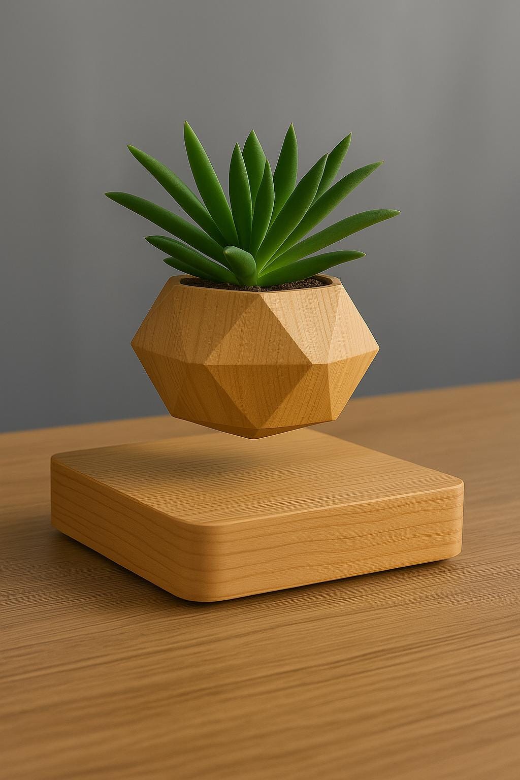 Jardinière en bois vert sauge et chêne naturel – Pot de fleurs flottant magnétique en lévitation, décoration de bureau géométrique zen 