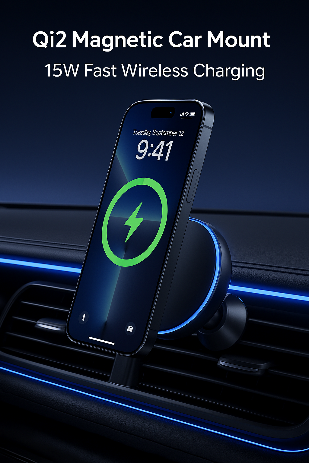 Qi2 Magnetic Car Mount 15W Fast Wireless Charger with RGB Ring | Premium Phone Holder - Papicha H