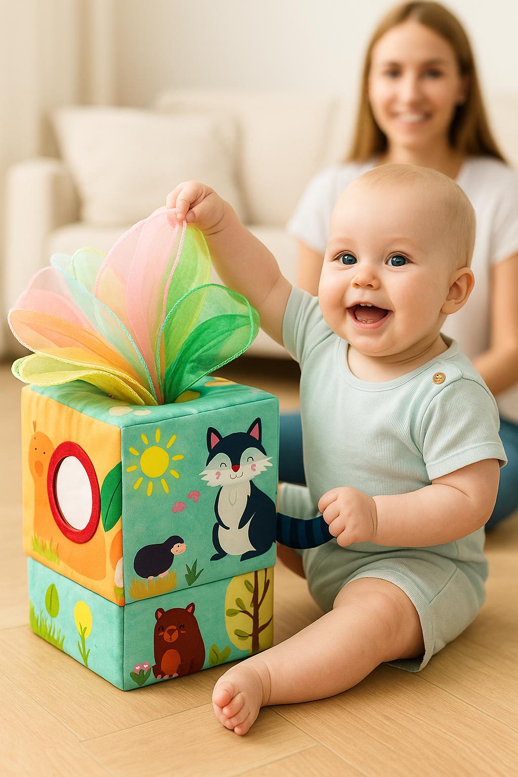 BOÎTE MOUCHOIRS SENSORIELLE | Cube Activité Foulards | Tissue Box Toy PAPICHA H