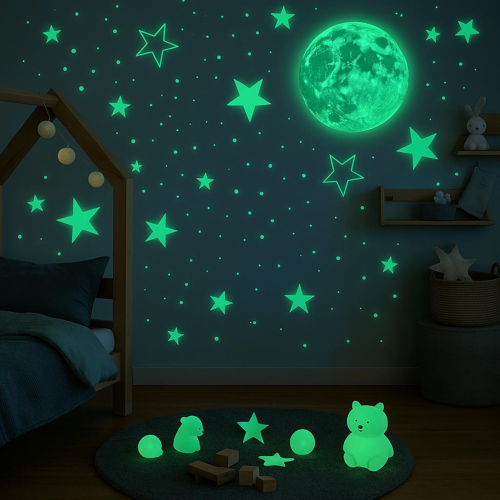 Glow in the Dark Wall Stickers – Stars & Moon for Kids Room | Nursery Night Decor | Soothing Glow Wall Decals