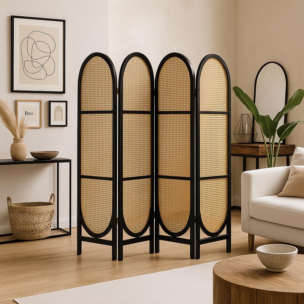 PARAVENT ROTIN LUXE  | 4 Panneaux Noir | PAPICHA H Room Divider