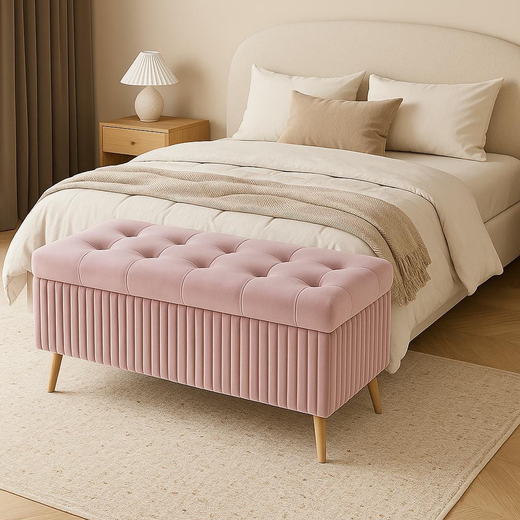 Blush Pink Velvet Padded Bench Seat with Storage | Tufted Ottoman with Wooden Legs, Chic Art Deco Scandinavian Style for Bedroom Living