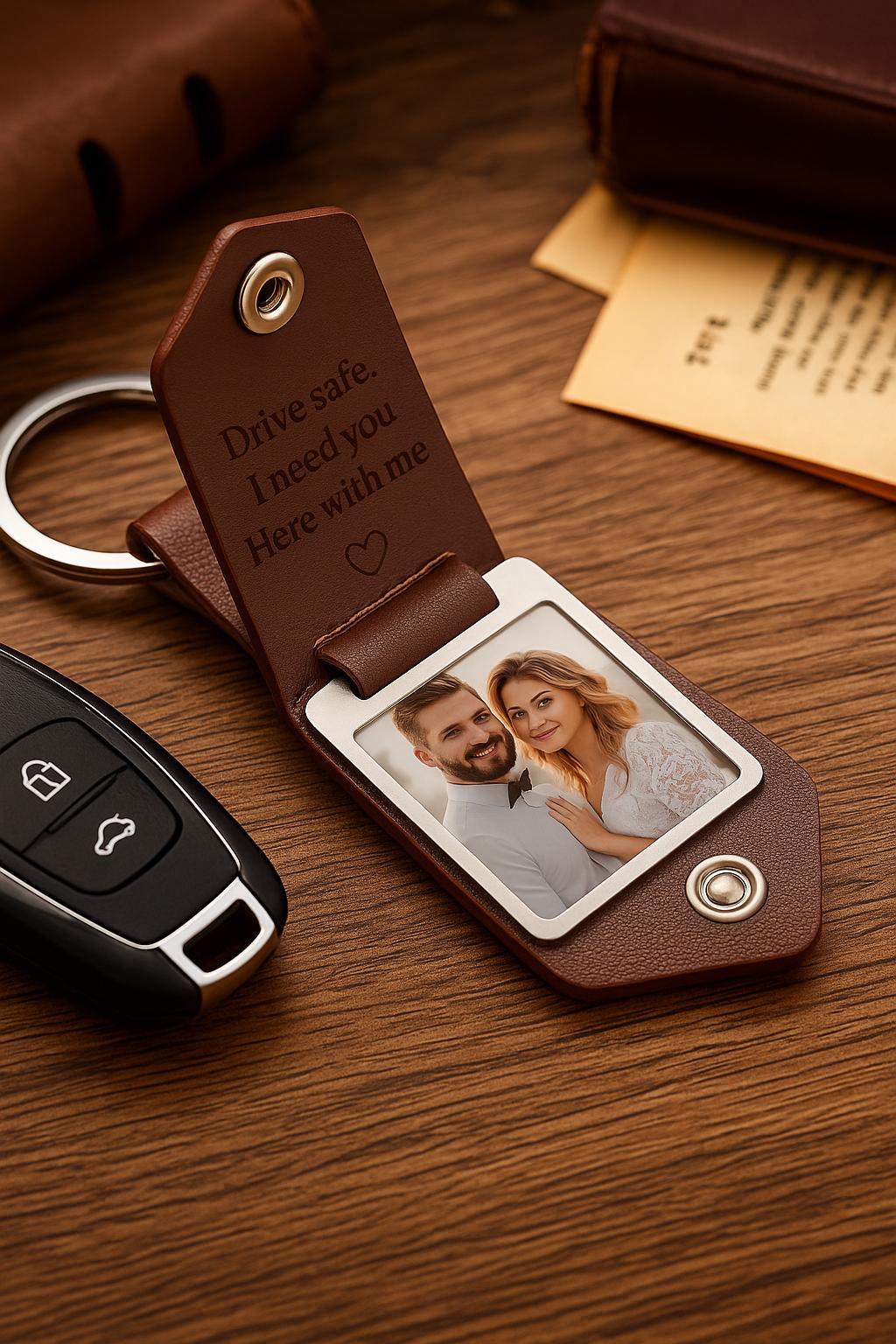 Porte-clés Photo Cuir Marron - Gravure Personnalisée | Brown Leather Photo Keychain - Custom Engraving