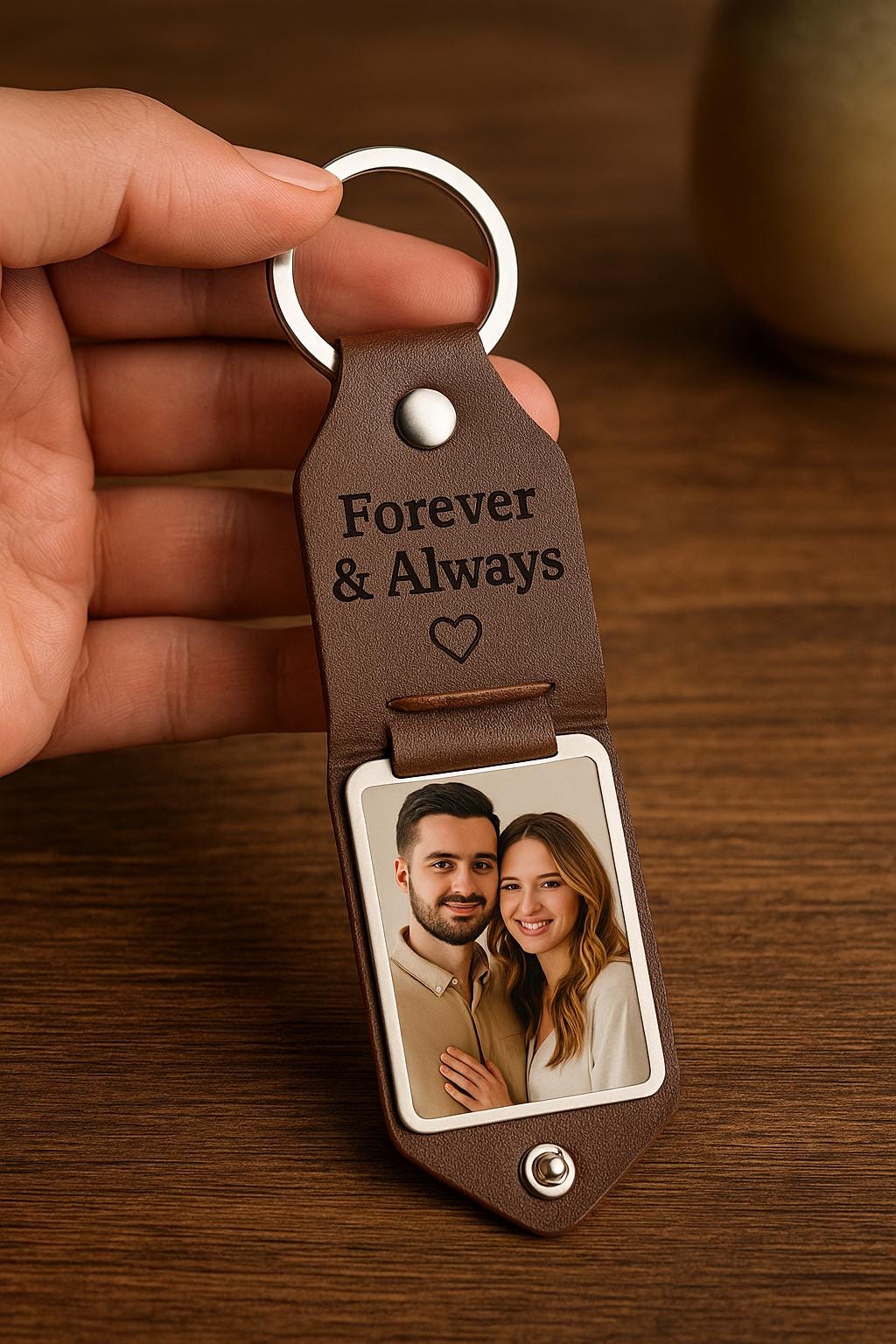 Porte-clés Photo Cuir Marron - Gravure Personnalisée | Brown Leather Photo Keychain - Custom Engraving