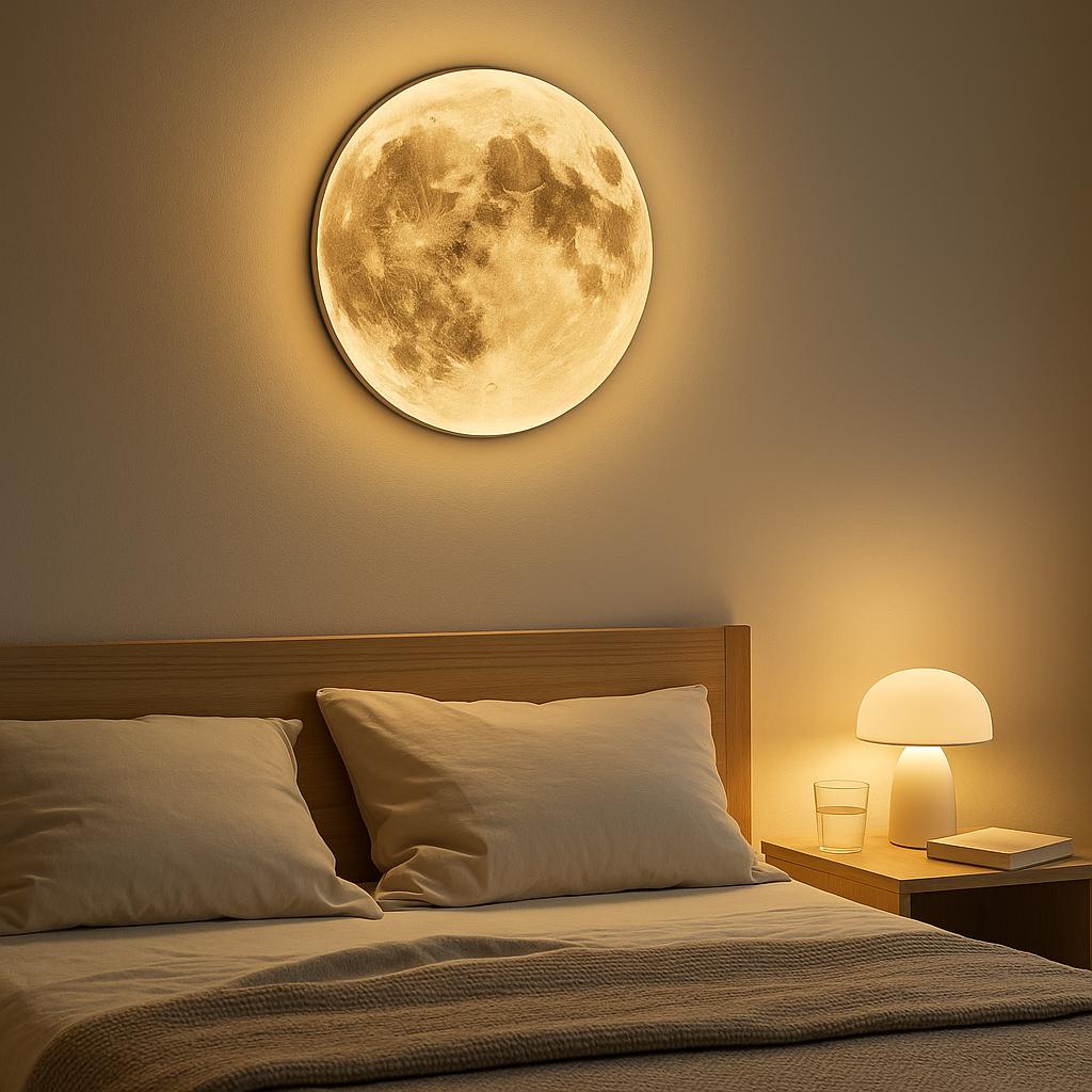 Applique murale LED chaleureuse en forme de lune argentée et dorée – Veilleuse lunaire réaliste, décoration de chambre céleste, inspiration spatiale moderne 