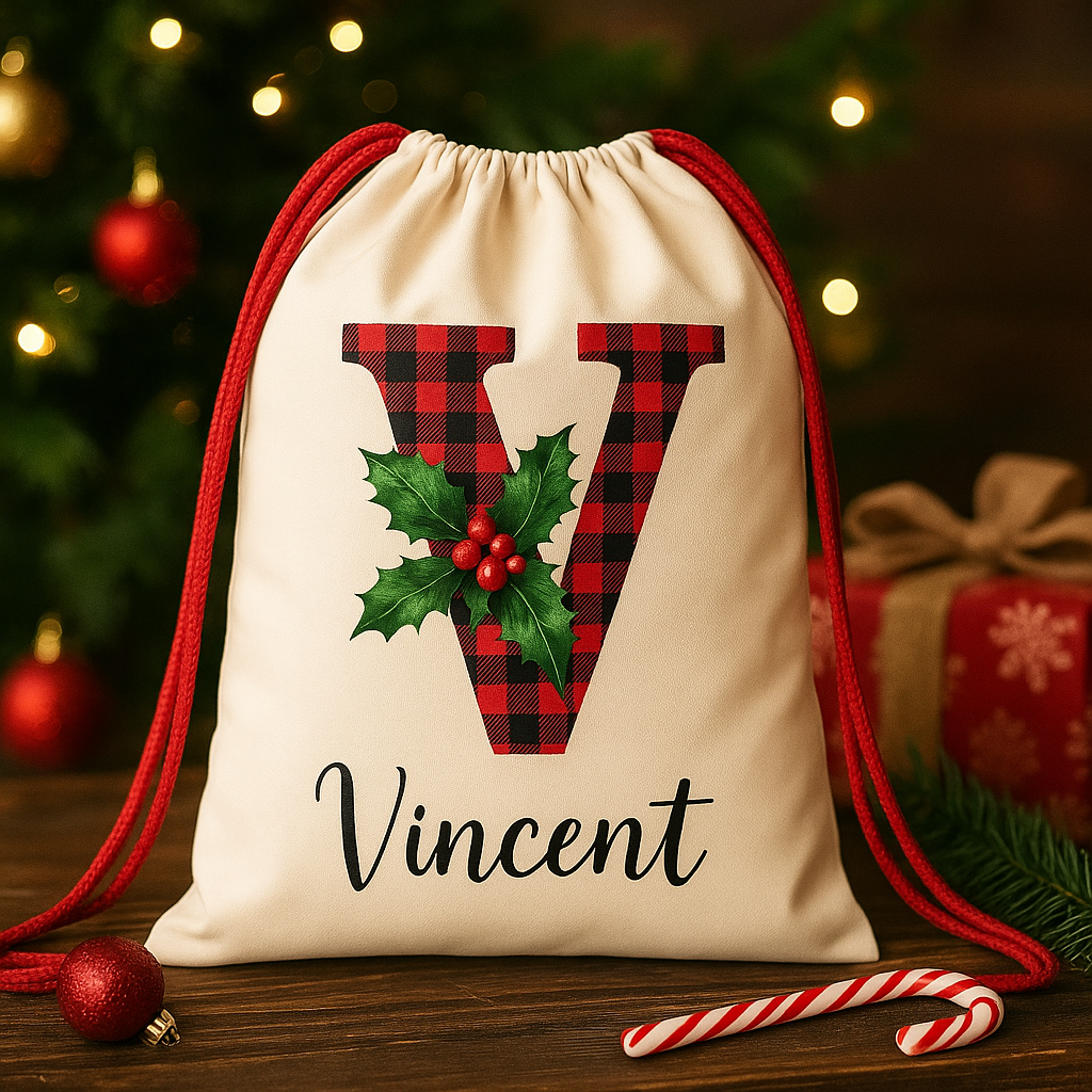 SAC NOËL PERSONNALISÉ | Plaid Rouge & Prénom Brodé | Christmas Gift Bag