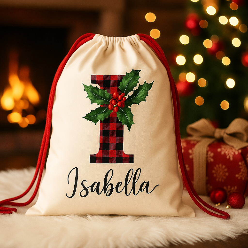 SAC NOËL PERSONNALISÉ | Plaid Rouge & Prénom Brodé | Christmas Gift Bag