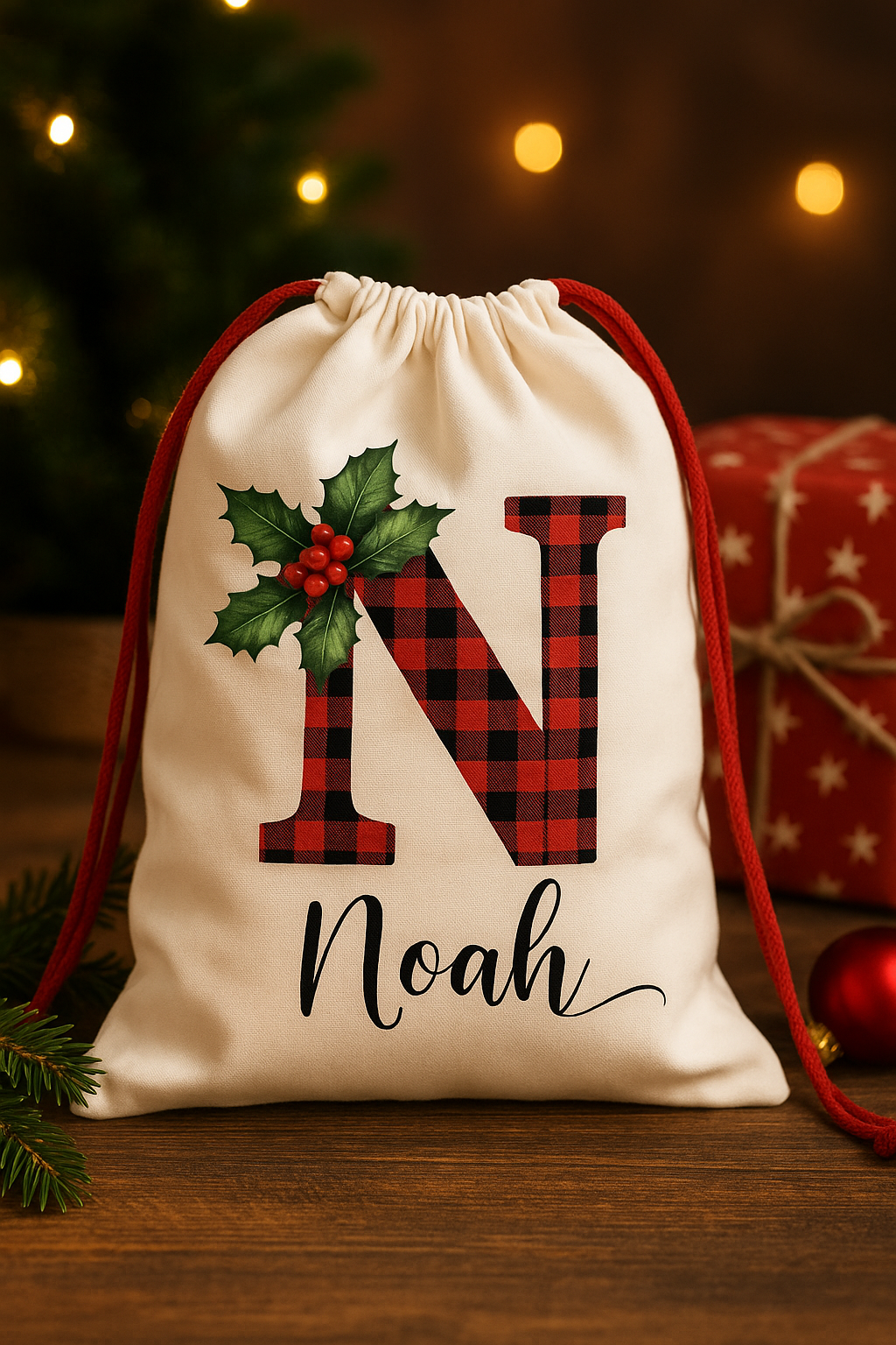 SAC NOËL PERSONNALISÉ | Plaid Rouge & Prénom Brodé | Christmas Gift Bag