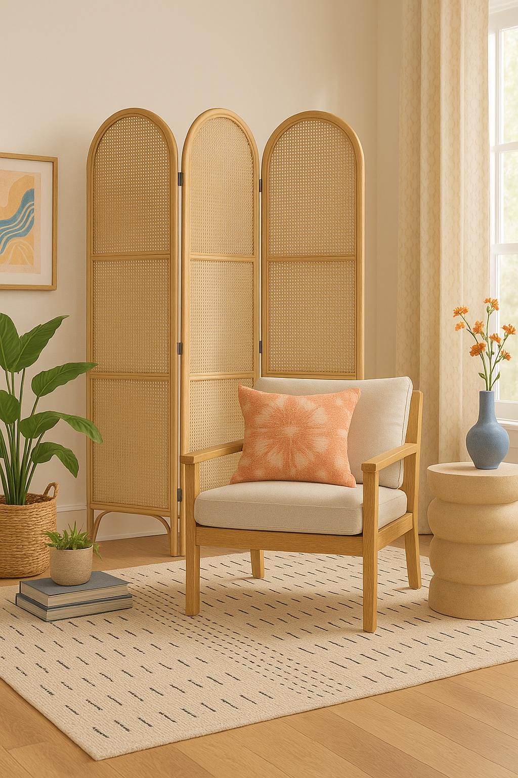 Paravent en rotin miel et teck – Paravent 3 panneaux style bohème chic, paravent en bois de canne naturel, décoration estivale 