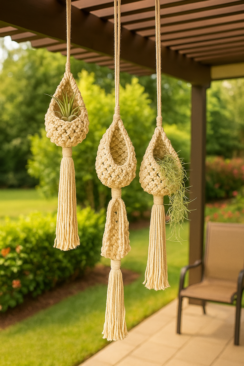 SUSPENSIONS PLANTES MACRAMÉ | Set 3 Coton Naturel | Plant Holders PAPICHA H
