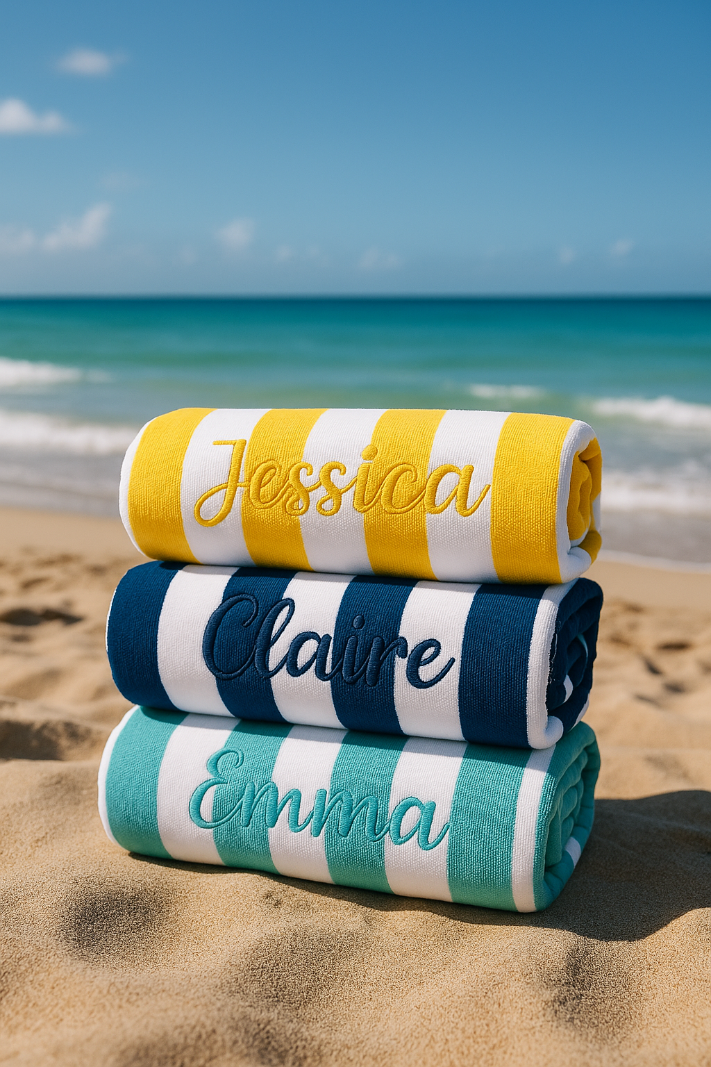 SERVIETTE PLAGE PERSONNALISÉE| RAYURES + PRÉNOM BRODÉ