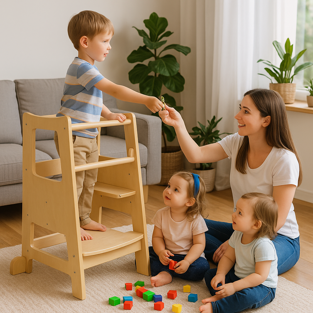 Adjustable Wooden Learning Tower for Toddlers, Kitchen Helper Stool, Ages 18 Months to 6 Years, Natural Wood, Child Safety Tower