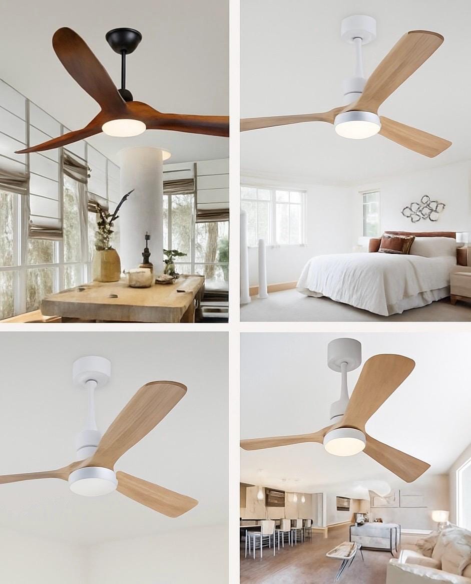 Ventilateur de plafond LED en chêne naturel et blanc mat – Style scandinave discret avec lumière chaude pour un intérieur moderne 