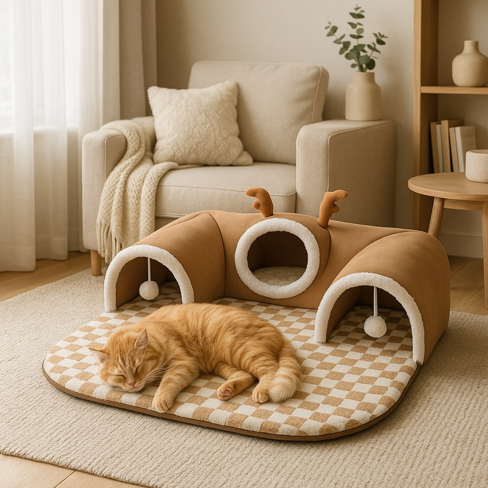 Reindeer Cat Tunnel 3-in-1 - Cozy Playhouse Bed Hideout | Cat Play House - Papicha H