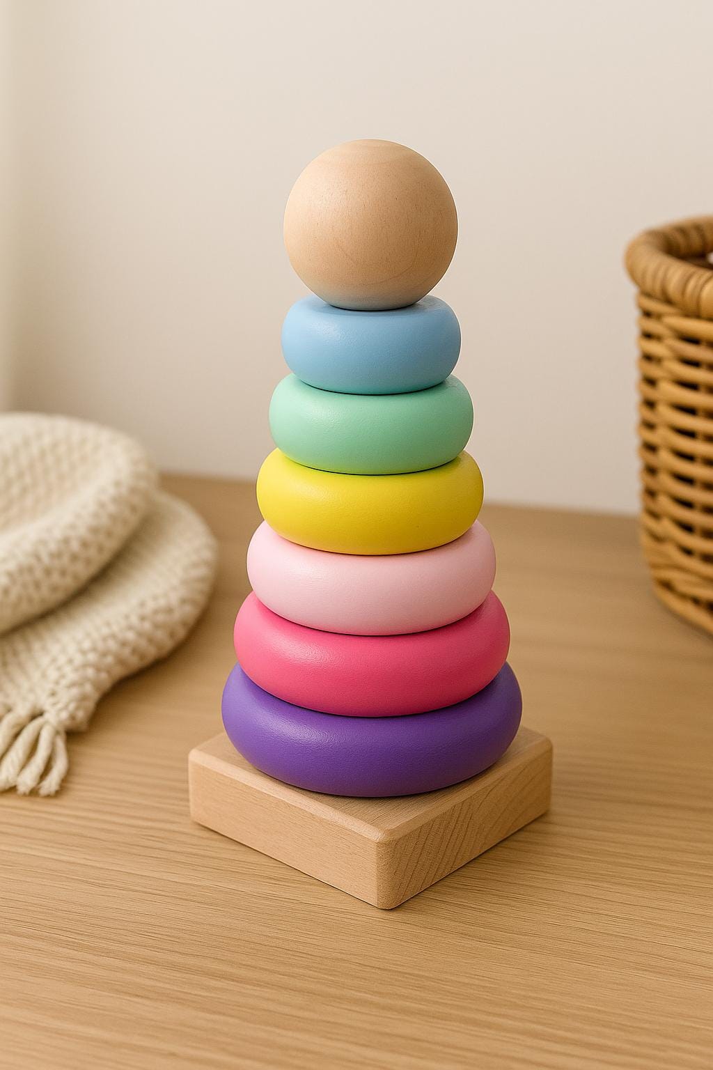 Jouet empilable en bois pastel pour bébé | Cadeau pour bébé | Jouet d'éveil | Anneaux empilables en bois naturel pour tout-petits et reconnaissance des couleurs